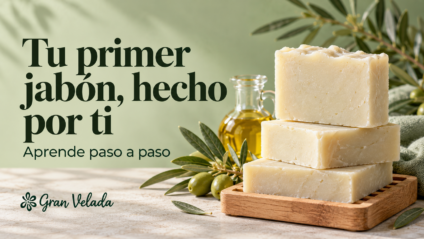Pastillas de jabón natural de oliva con el texto «Tu primer jabón, hecho por ti».