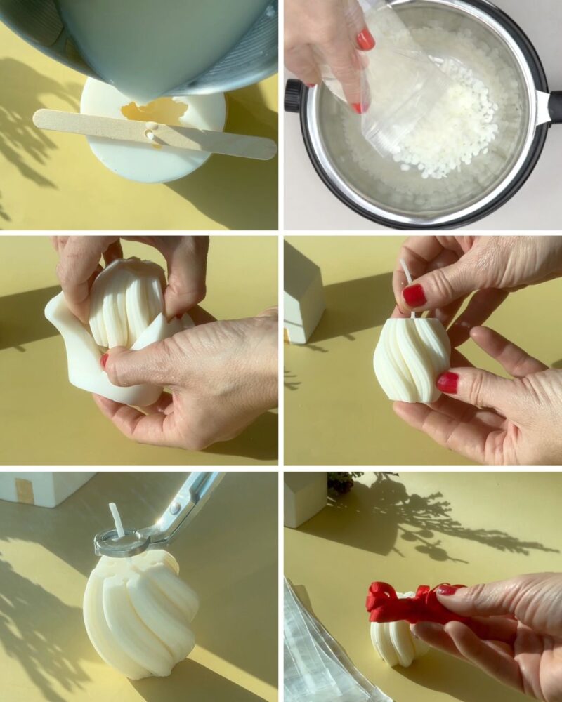 Sequência: derreter e verter a cera, desenformar e terminar a vela Twirl