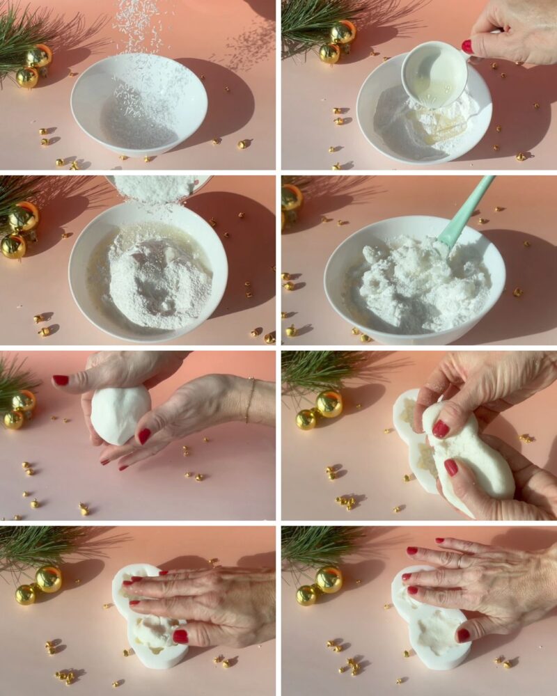 Mezcla de los ingredientes y compactación del champú en el molde de copo