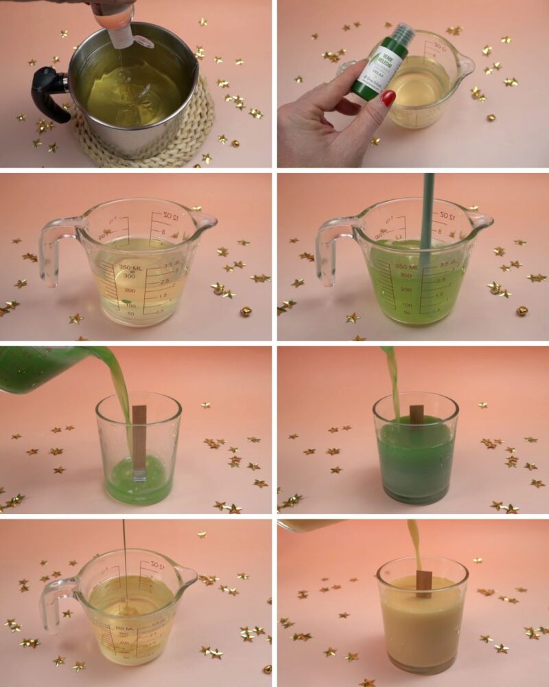 Incorporación de la esencia y del colorante verde y vertido de las velas en vaso