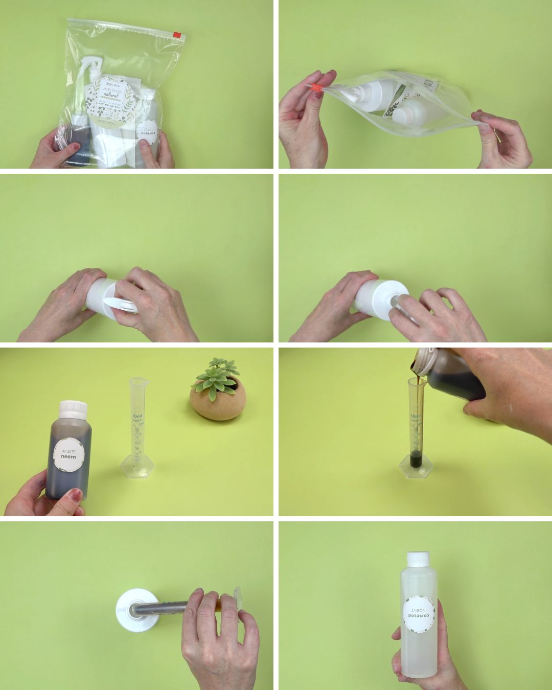 Secuencia original: apertura del kit, preparación del envase y medición del aceite de neem