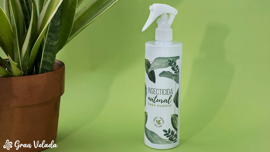 Botella pulverizadora del preparado foliar junto a una maceta