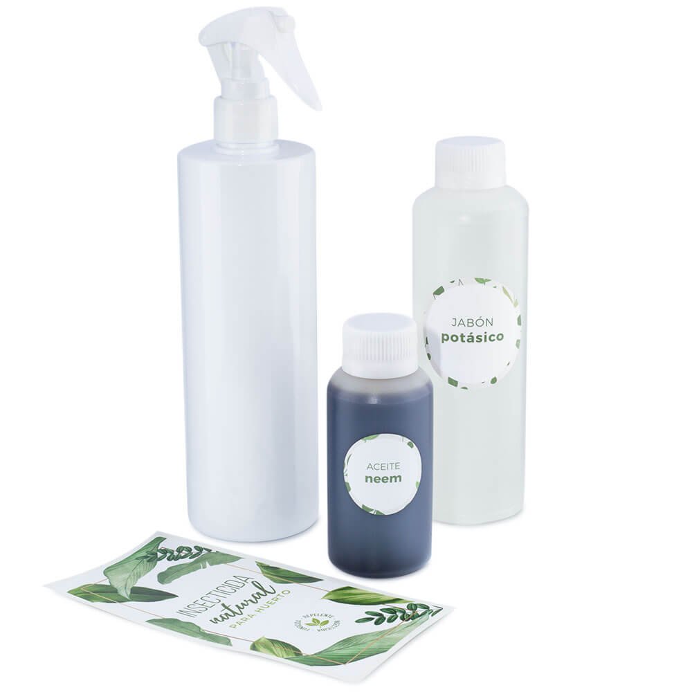Contenido del kit para plantas: neem, jabón potásico, pulverizador y accesorios