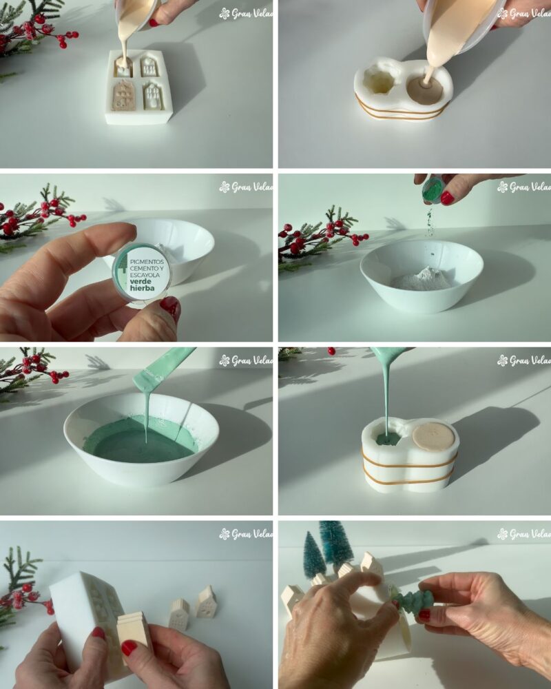 Secuencia original: vertido en casitas y Papá Noel, mezcla verde, molde del abeto y desmolde