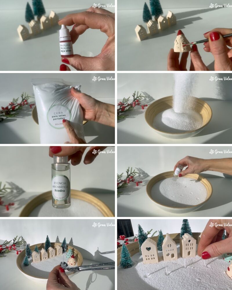 Secuencia original: pintura roja de Papá Noel, base de cera perlada y colocación de figuras y mechas