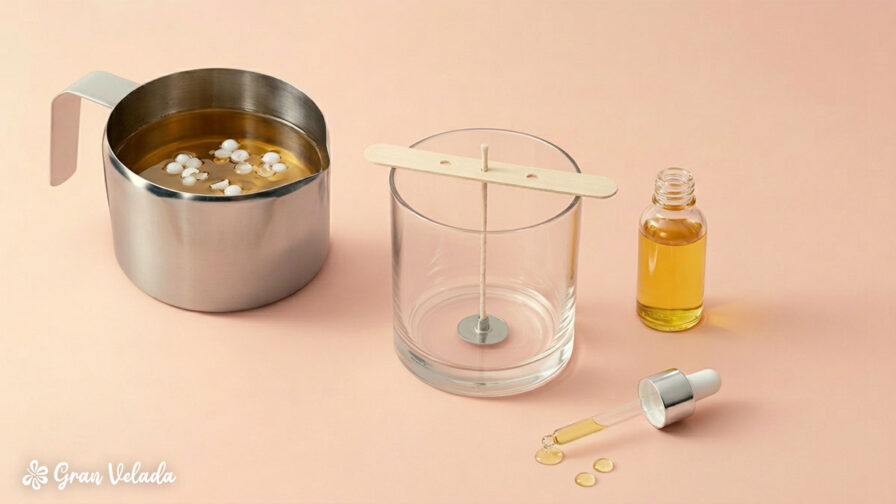 Elaboración de una vela en vaso con los materiales preparados