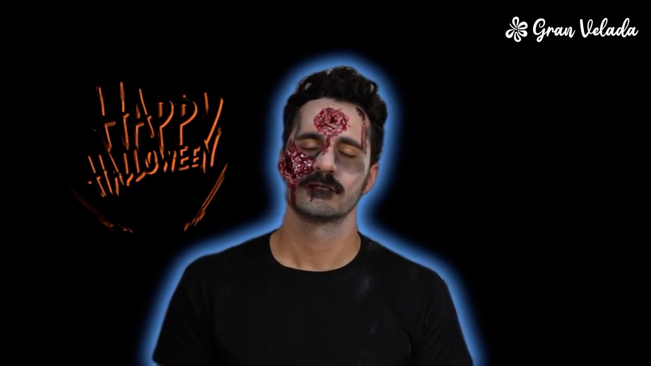 Maquilhagem zombie de Halloween terminada sobre fundo preto