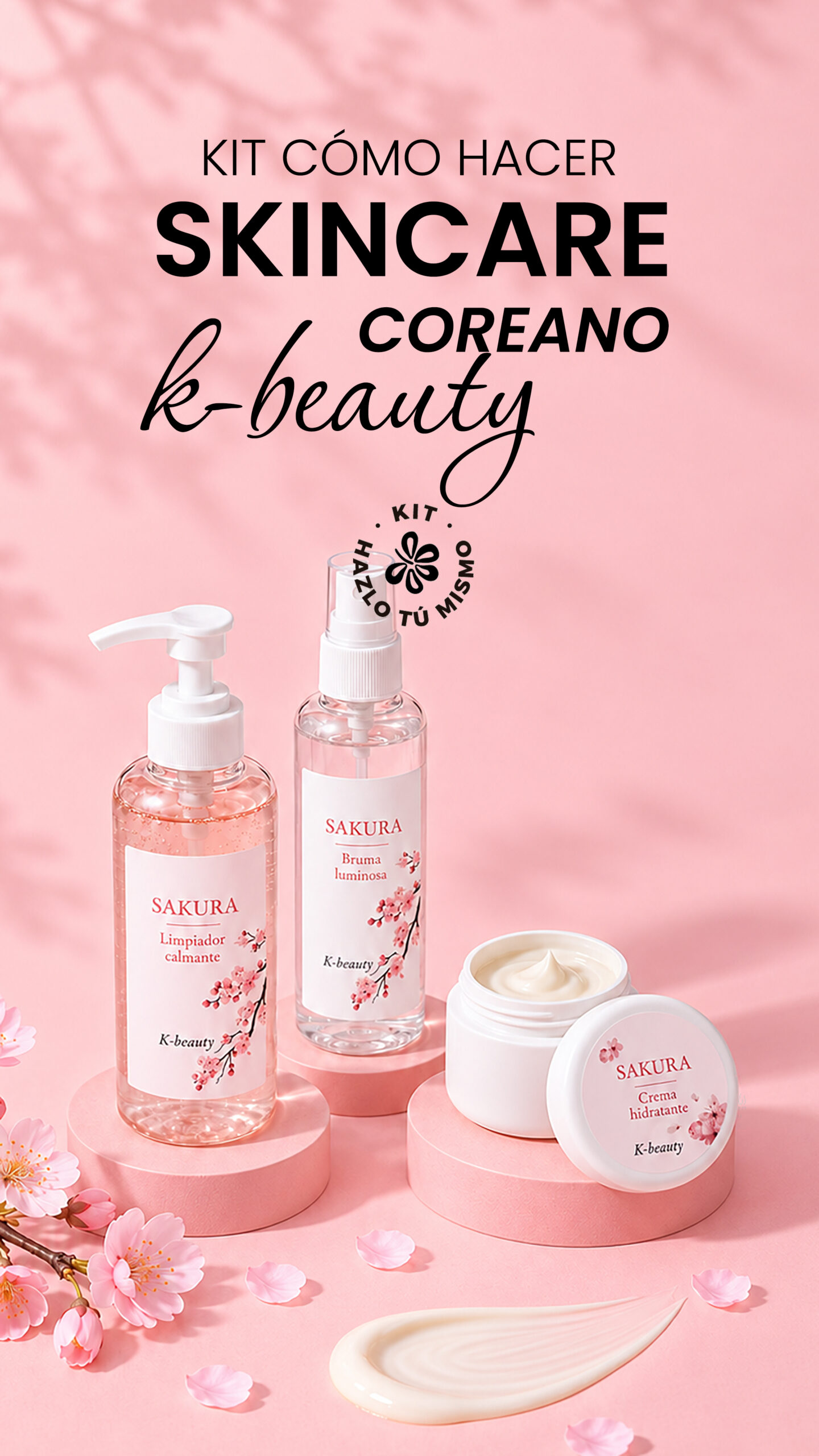 Cuatro cosméticos del kit Sakura de skincare coreano