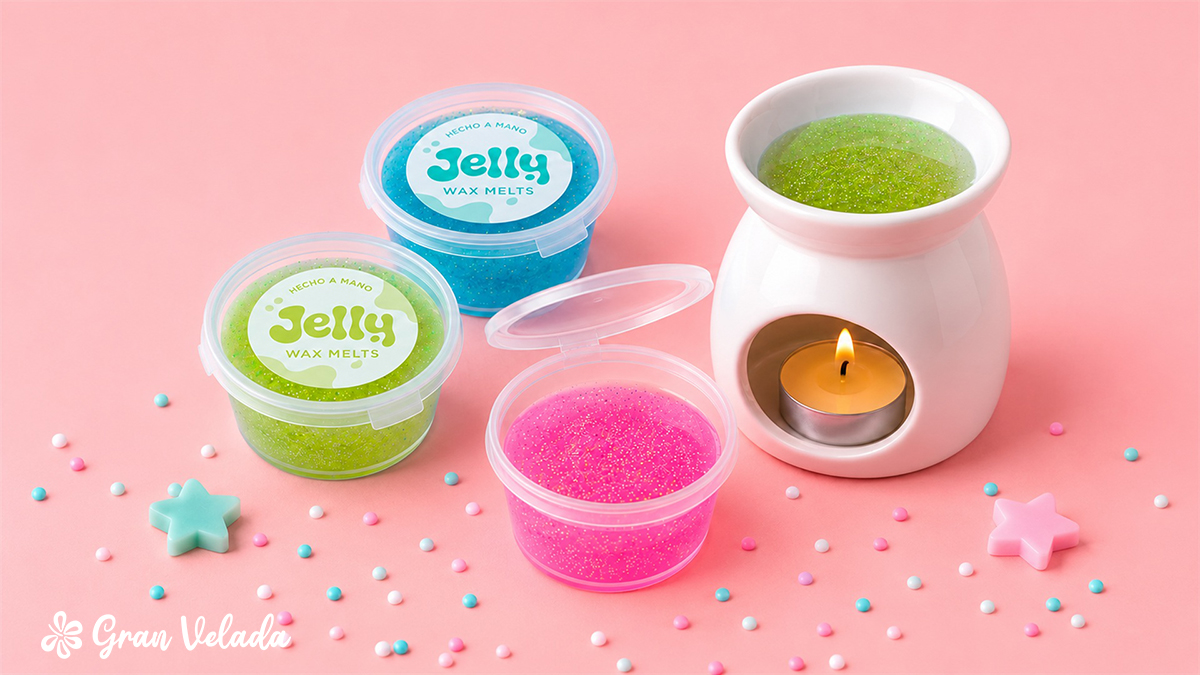 Wax melts jelly de colores con sus recipientes y quemador