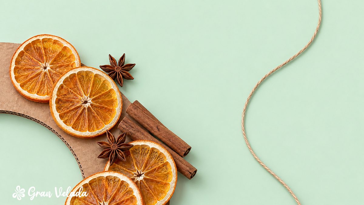 Detalle del contraste entre naranja deshidratada, canela y anís