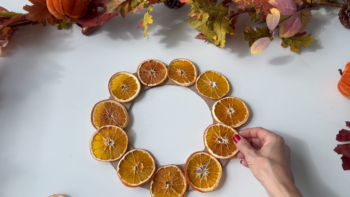 Primera capa de rodajas de naranja deshidratada pegadas sobre el aro de cartón