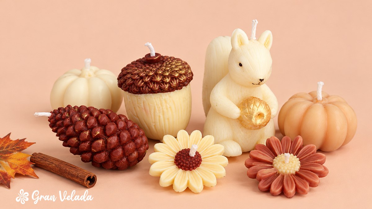 Figuras de cera de soja en tonos crema y caramelo para un bouquet de otoño