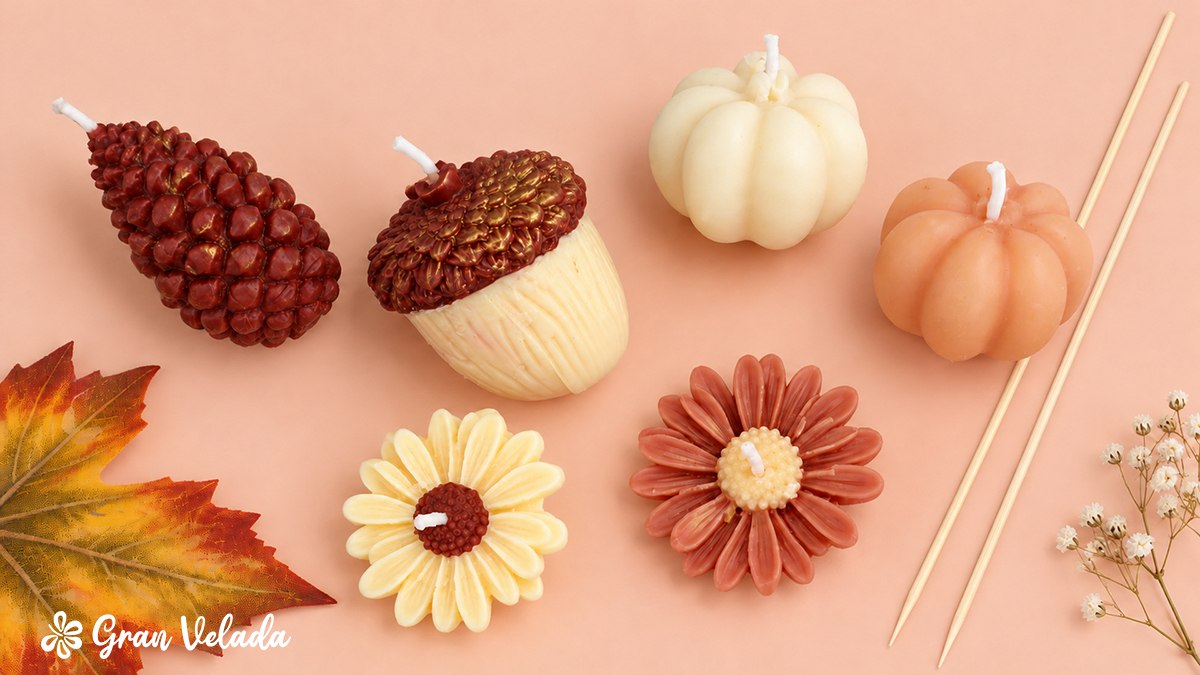 Figuras otoñales de cera y palitos preparados para montar el bouquet