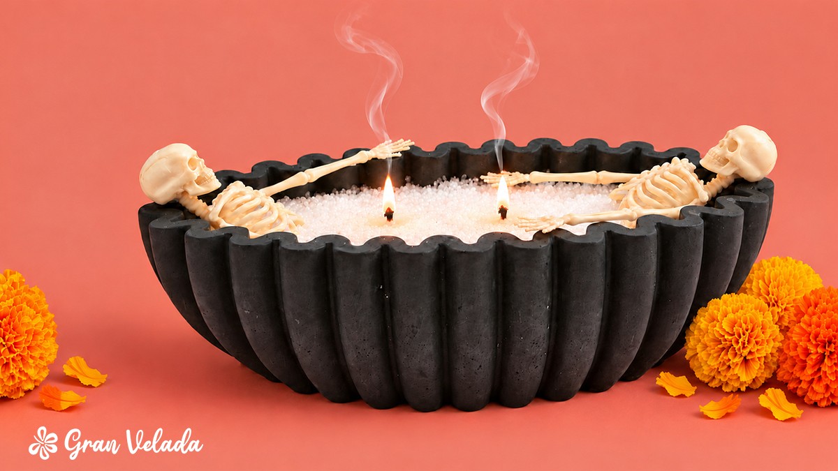 Composición decorativa de Halloween con esqueletos en una bañera negra