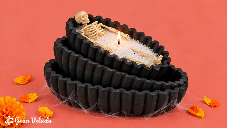 Recipientes negros ondulados para preparar la bañera de Halloween