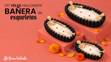 Bañeras de cemento negro decoradas con cera perlada y esqueletos para Halloween