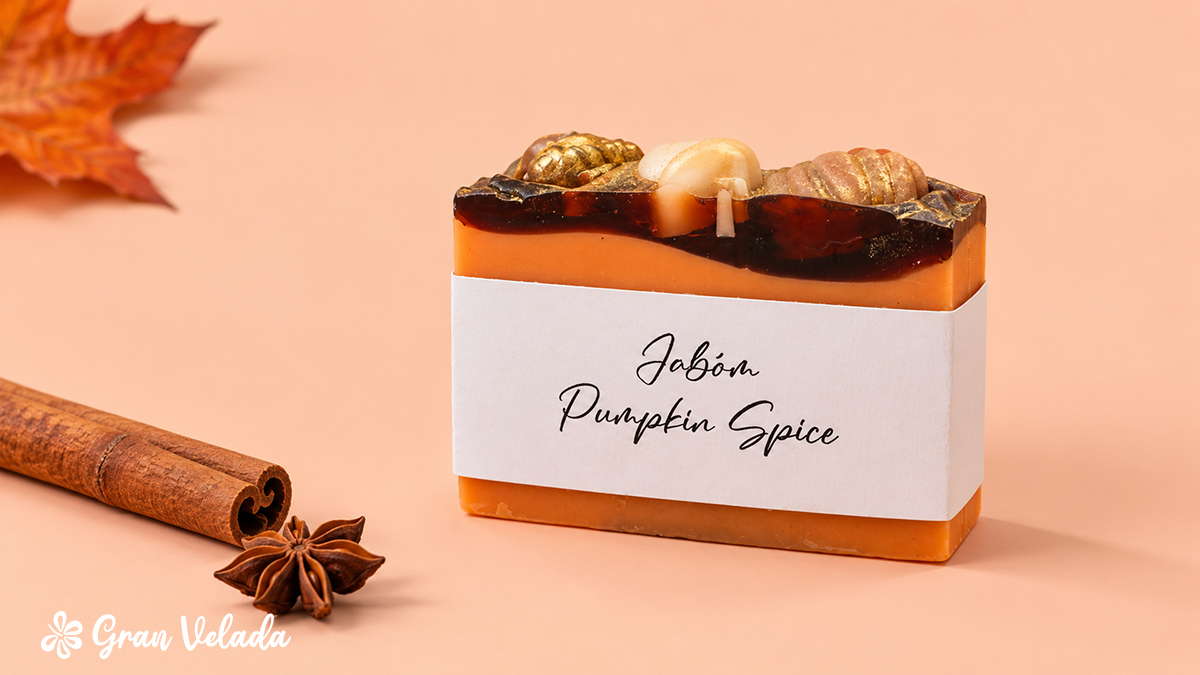 Pastilla Pumpkin Spice presentada con una tira de cartón personalizada