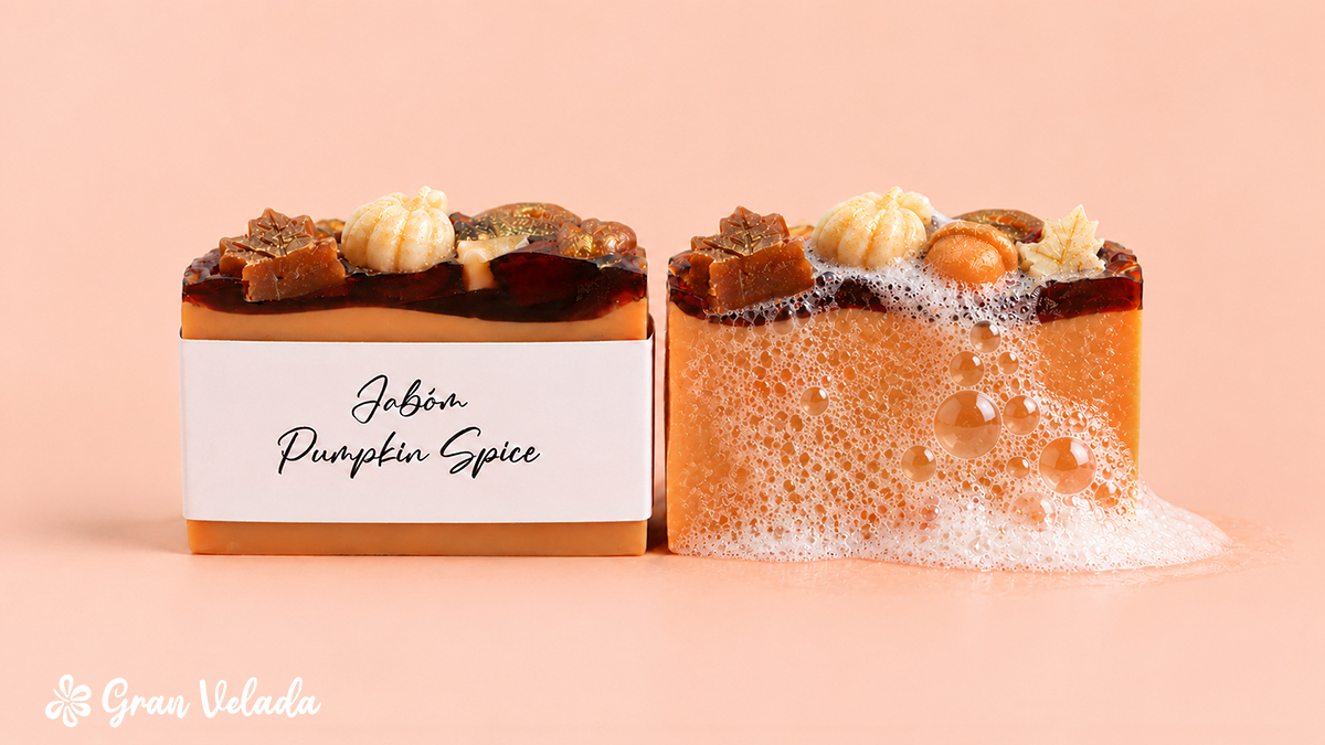 Dos jabones Pumpkin Spice con cobertura caramelo y figuras decorativas