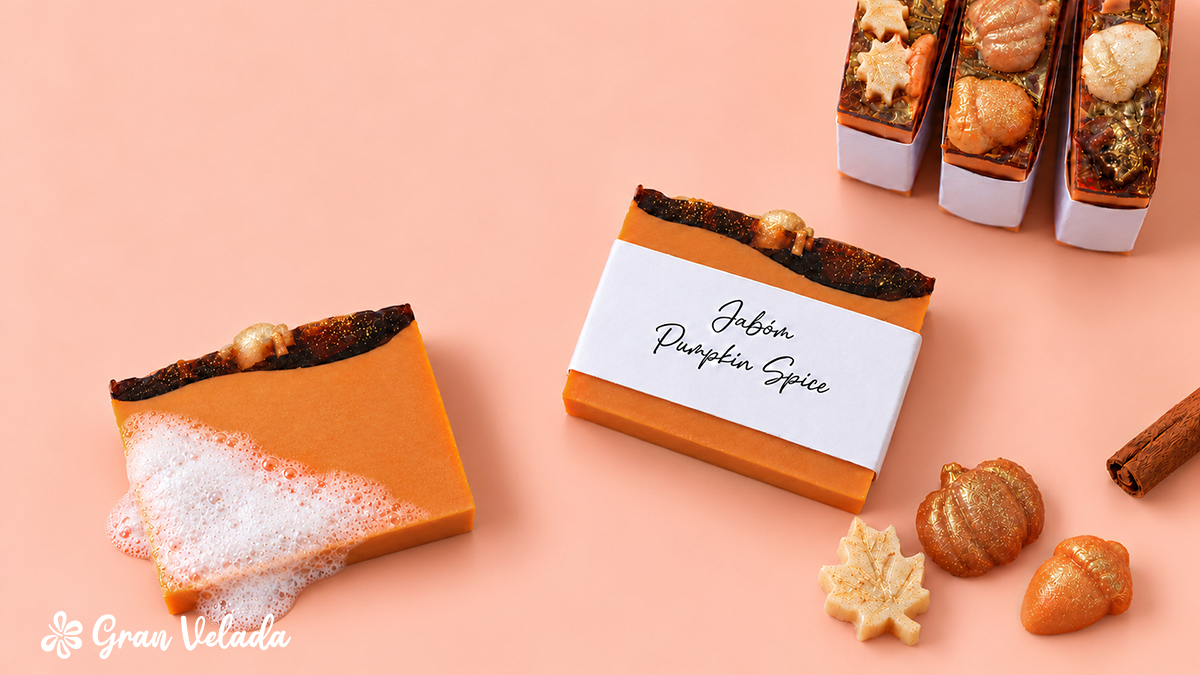 Jabones Pumpkin Spice terminados con pequeñas figuras de otoño y espuma