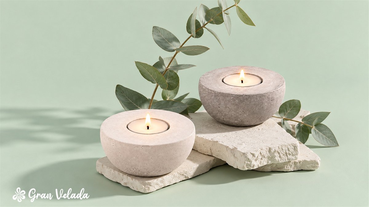 Portavelas de cemento blanco y gris con velas de té encendidas sobre una base de piedra