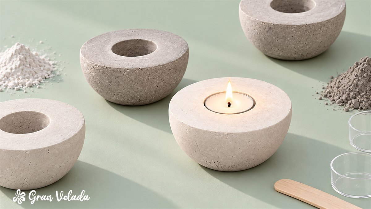 Portavelas de cemento blanco y gris para una decoración minimalista
