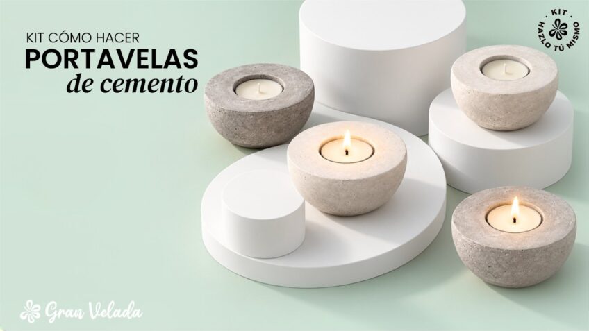 Kit para hacer portavelas de cemento blanco y gris con velas de té