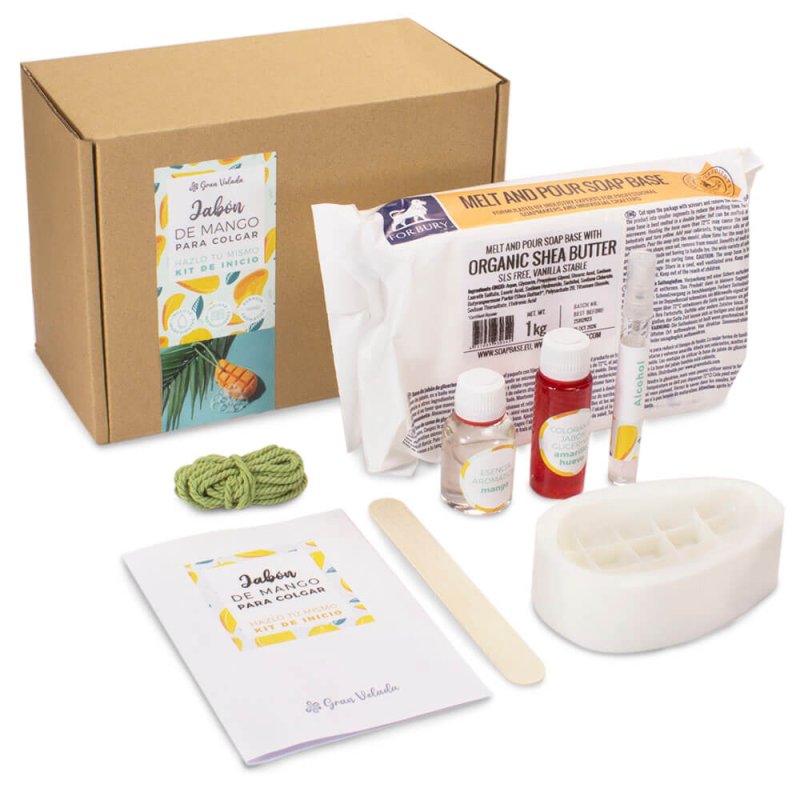 Kit como hacer jabon de mango para colgar en la ducha. Materiales e instrucciones