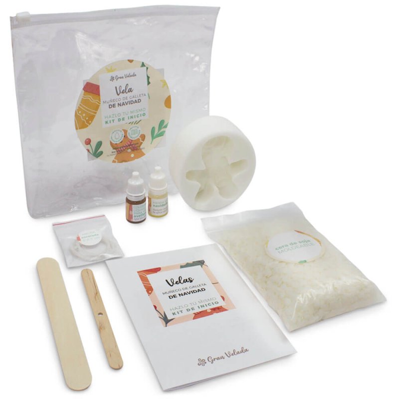 Kit como hacer 2 velas de muñeco de galleta de Navidad. Materiales e instrucciones