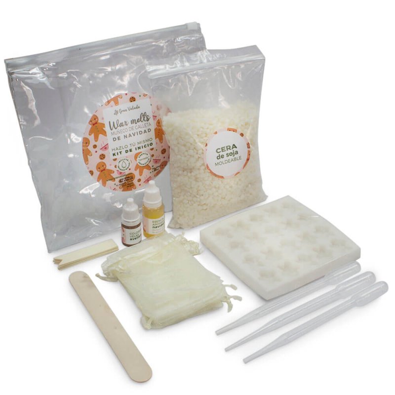 Kit como hacer wax melts muñeco de galleta de navidad. Materiales e instrucciones