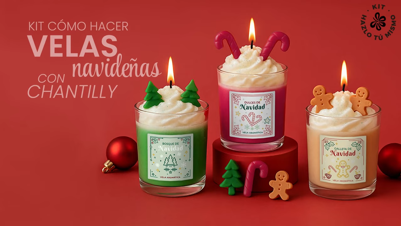 kit cómo hacer velas navideñas con chantilly. Materiales e instrucciones