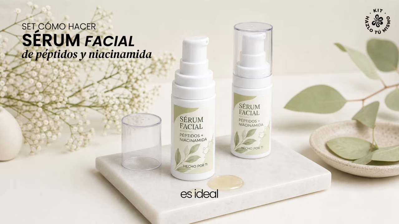 Set para hacer sérum facial de péptidos y niacinamida. Materiales e instrucciones
