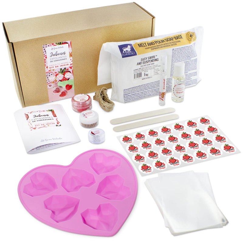 Kit como hacer jabones exfoliantes de corazones. Materiales e instrucciones
