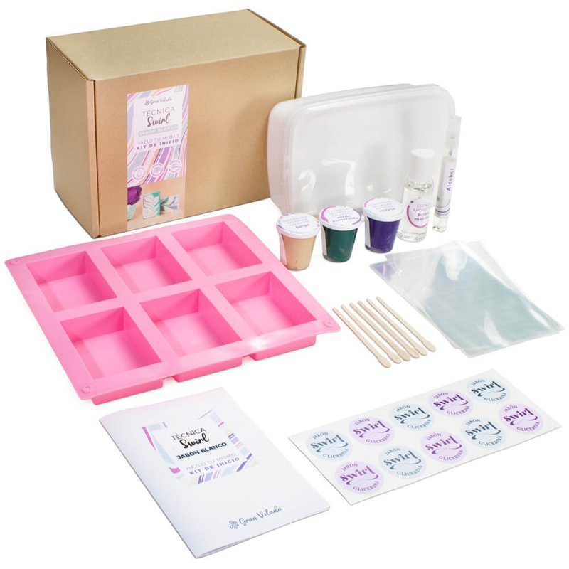 Kit como hacer tecnica swirl con jabon blanco. Materiales e instrucciones