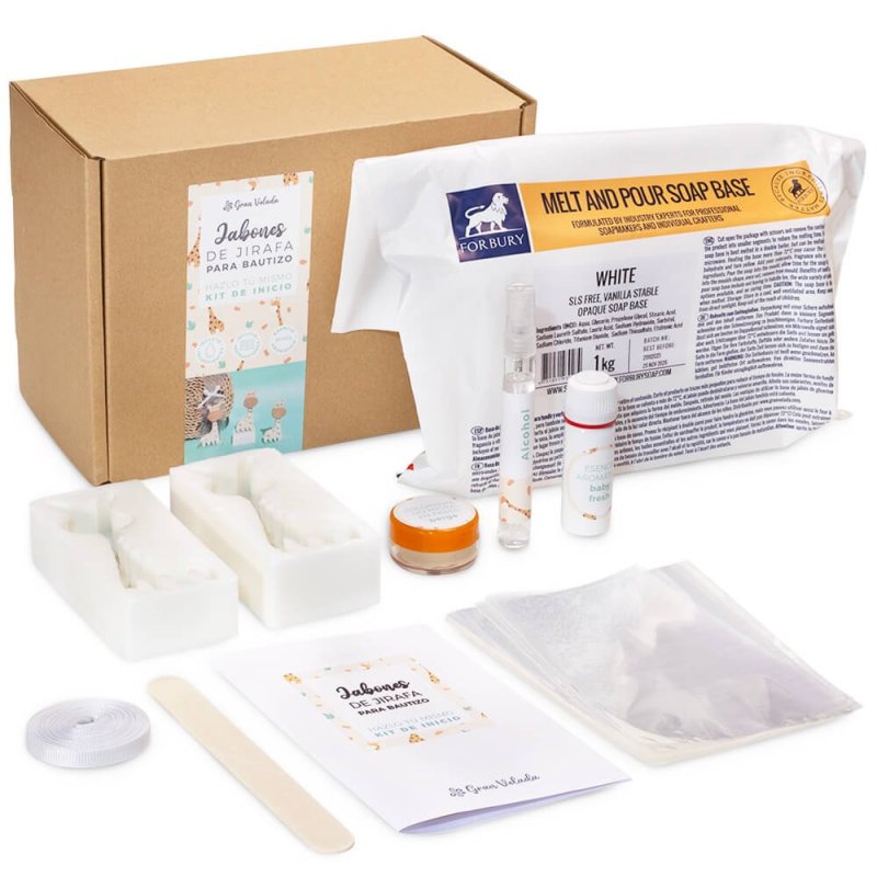 Kit como hacer jabones de jirafa para bautizo. Materiales e instrucciones