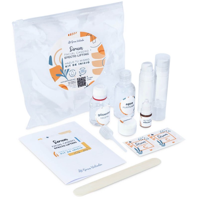 Kit para hacer serum facial casero de vitamina C. Materiales e instrucciones